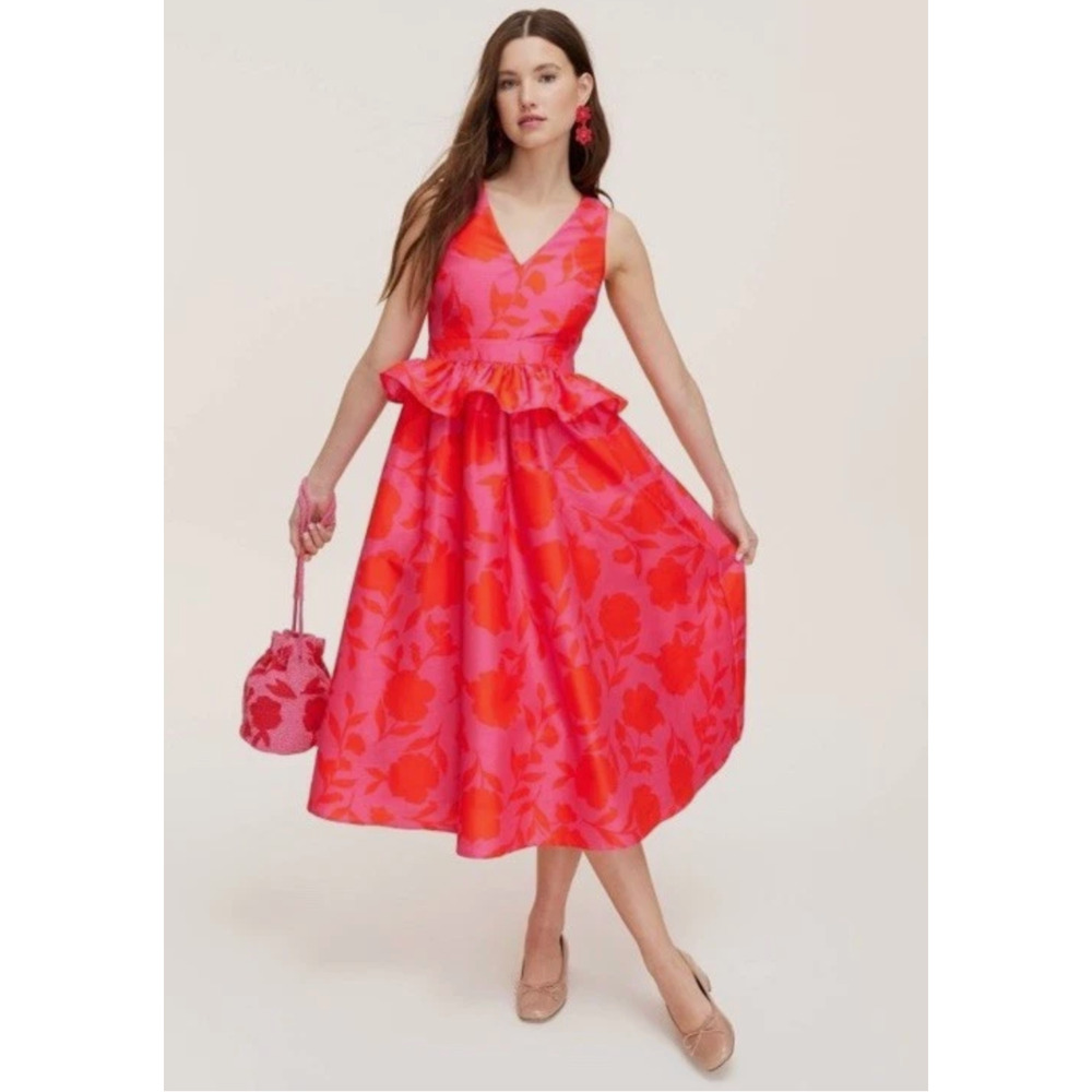 NEW KATE SPADE X TARGET PINK RED CLASSIC ROSE PEPLUM MIDI DRESS SIZE 10